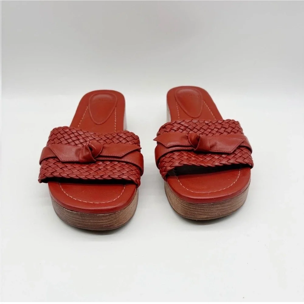 Alexandre Birman Sandals Women 37 Red Woven Leather Knot Wood Platform Slides